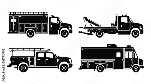 Collection of black and white silhouettes of various construction and utility trucks including fire truck tow truck