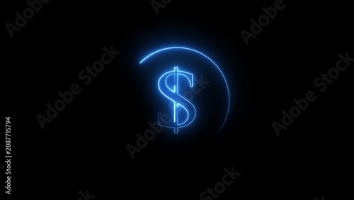 Foto Luminous Blue Neon Dollar Sign Symbol Encased Within a Partial Circular Arc on a