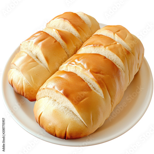 Two golden-brown loaves of bread on a white plate freshly baked isolated on white background