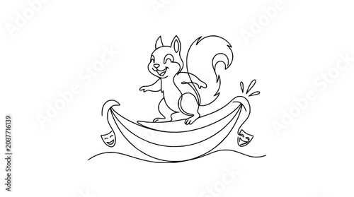 Photography Happy squirrel surfing on a gondola with theater masks, continuous line art
