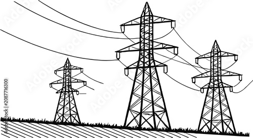 Fotografie Three electricity pylons with power lines against a white background transmissio