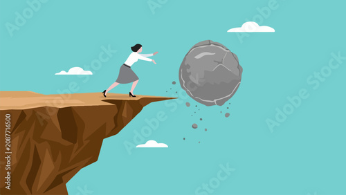 Woman on cliff edge dodging falling boulder