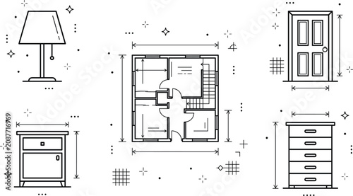 Schilderij op canvas Interior design and furniture line art icon set featuring architectural floor pl
