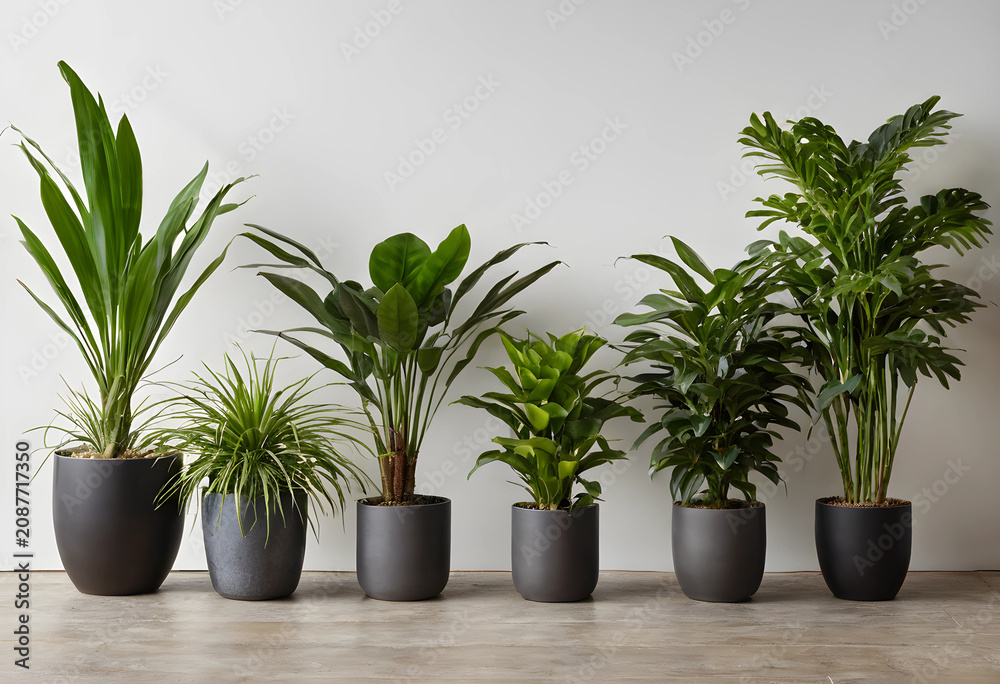Fototapeta premium Seven mature houseplants in black pots against white wall