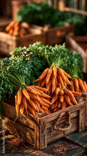 Bundles of freshly harvested carrots stored in rustic wooden crates, perfect for organic farming, grocery advertising and healthy food branding.