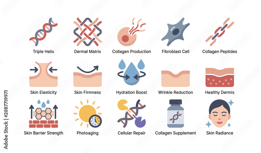 Obraz premium Collagen and skin health icons showing benefits in grid layout