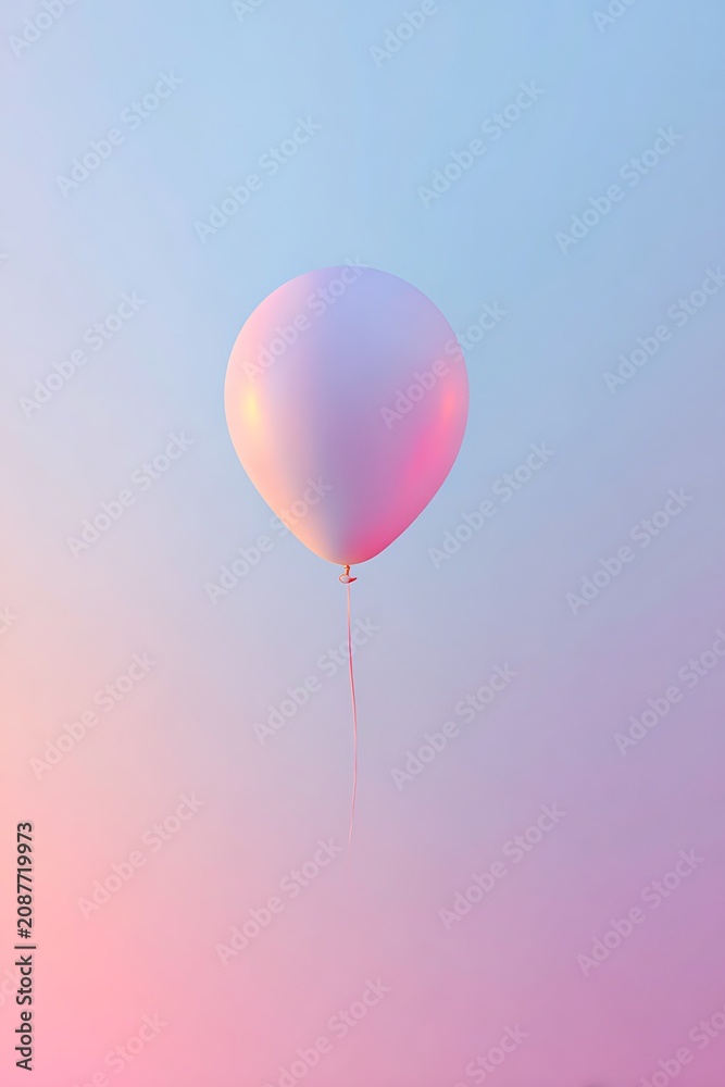 Obraz premium Single pink balloon floating in a gradient sky of soft blue and pink hues, symbolizing freedom and lightness.