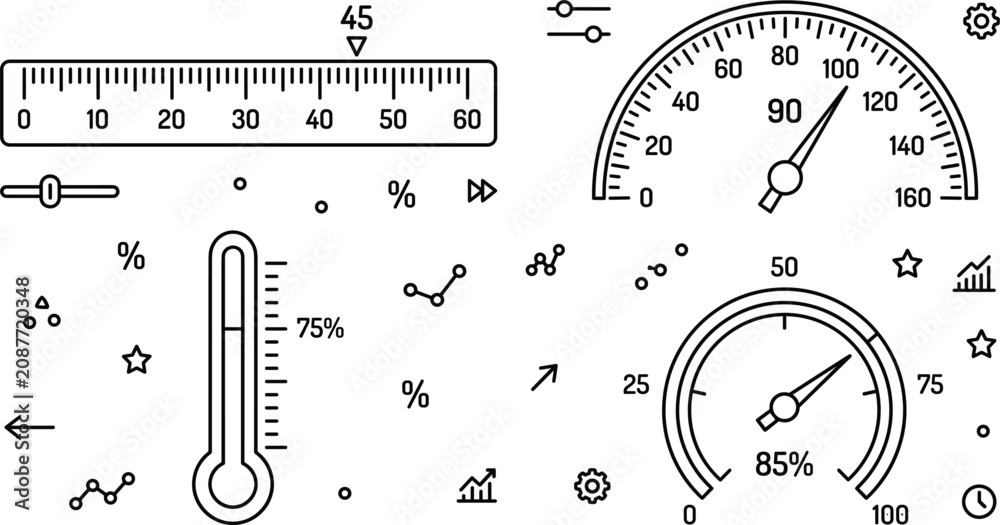 Naklejka premium Dashboard metrics and gauge line art icon set featuring speedometer thermometer ruler circular progress dial and slider indicators