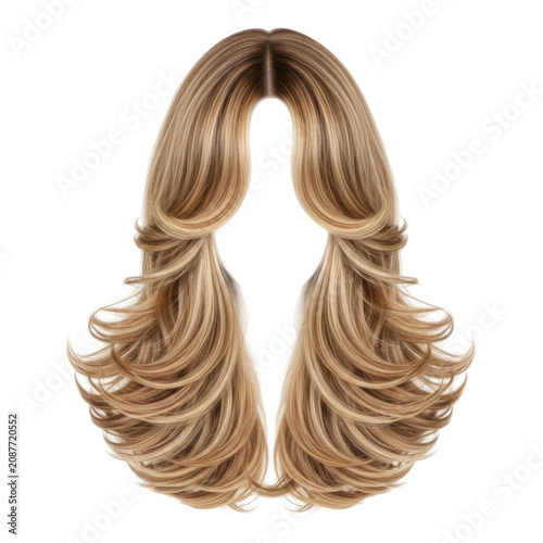 blonde wavy hair wig with natural volume and curls isolated on transparent background