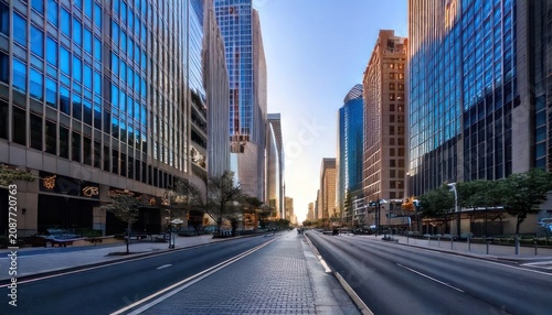 City street with modern office buildings.