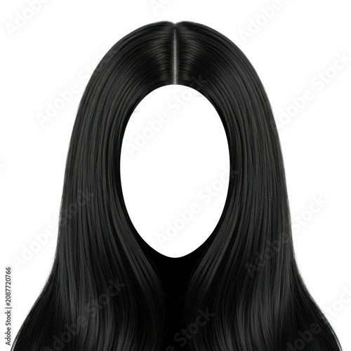 long straight black hair wig mannequin head isolated on transparent background