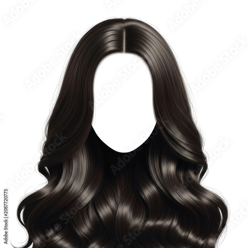 long wavy black human hair wig with natural shine isolated on transparent background