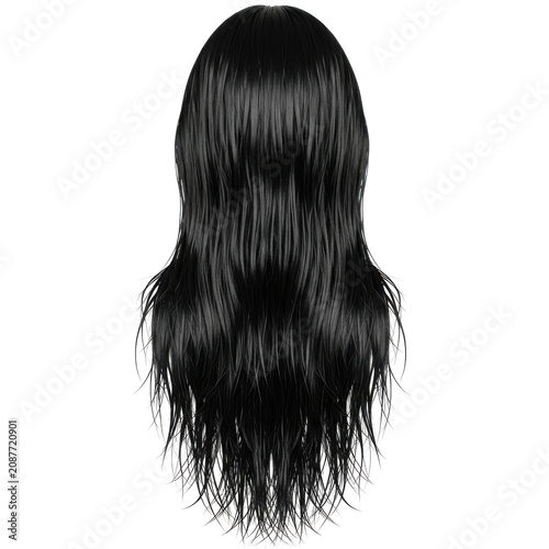 long straight black human hair wig cutout isolated on transparent background