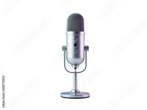 3d metallic condenser microphone icon for broadcasting and podcasting, isolated on transparent background