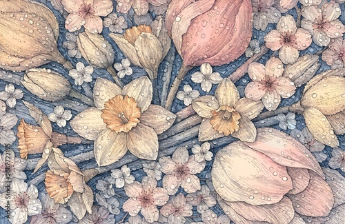Overhead flat lay of spring flowers filling frame  daffodils cherry blossoms tulip petals, small white blossoms soft pastel palette dew drops densely arranged
