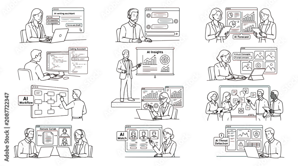 Obraz premium Business AI workflow line art set, professional artificial intelligence icons, 12 vector scenes