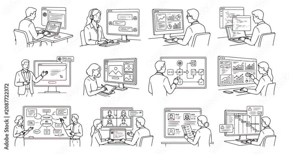 Obraz premium Minimalist business storyboard line art, office workers with data dashboard, 12 vector scenes
