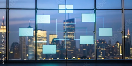 Cityscape viewed through glass wall with flowchart overlays in office setting