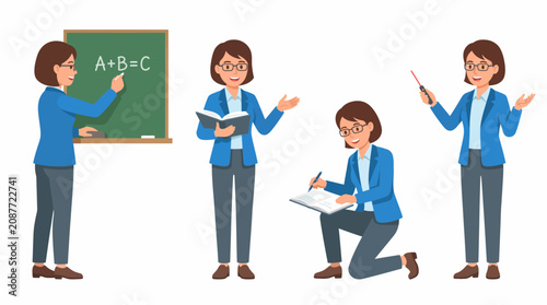 A set of four cartoon illustrations depicting a female teacher in various poses, including pointing at a blackboard, holding a book, writing in a notebook, and using a pointer.