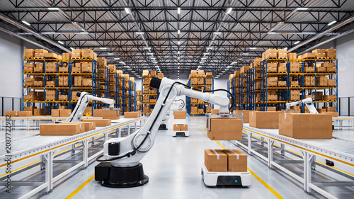 Automated warehouse features robotic arms and autonomous vehicles efficiently handling goods, optimizing modern logistics and industrial supply chains
