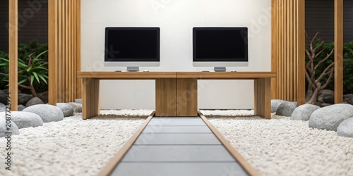 Minimalist Japanese-style room with wooden table, cushions, and TVs