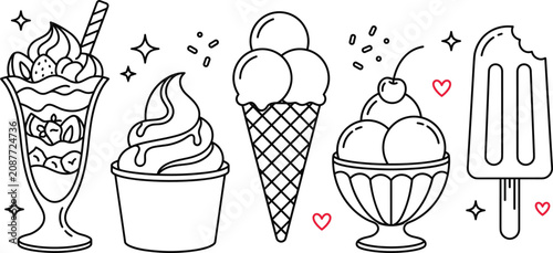 Foto Ice cream and summer dessert line art icon vector set featuring parfait soft ser