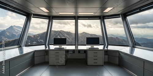 Modern control room with panoramic mountain views through large windows