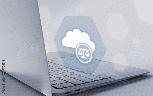 Obraz na płótnie Diese professionelle Grafik zeigt ein Notebook mit einer digitalen Wolke, die das Symbol der Waage als Zeichen für Recht und Gerechtigkeit integriert