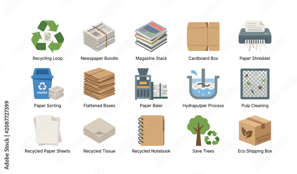 Naklejka premium Paper recycling icons displaying processing steps in grid layout