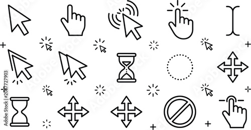 Photos Mouse cursor and hand pointer line art icon set featuring arrow click hourglass
