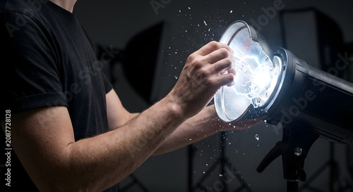 Professional photographer hands adjusting studio light modifier causing small electrical discharge sparks inside lighting equipment.