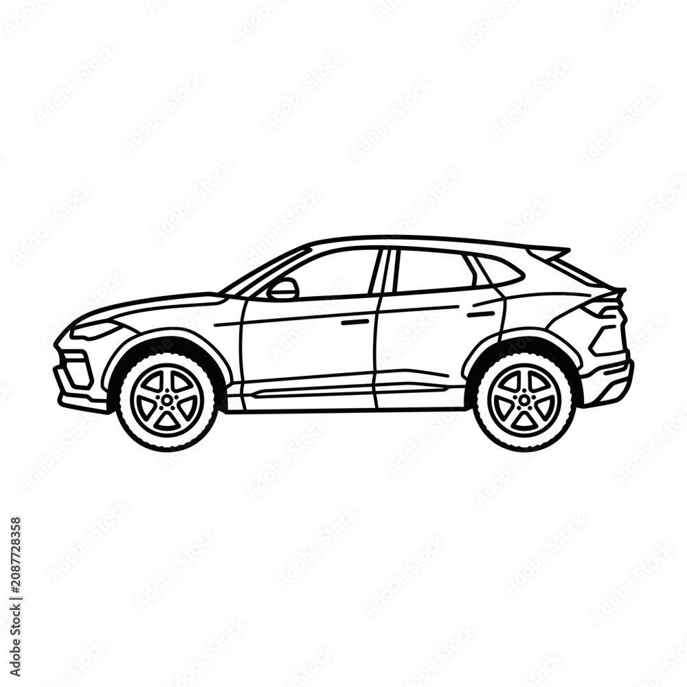 Fototapeta premium Minimalist SUV crossover side view line drawing, aerodynamic luxury vehicle vector icon