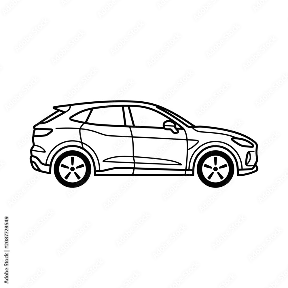 Fototapeta premium Minimalist SUV outline illustration with rugged proportions and modern black line vector artwork design