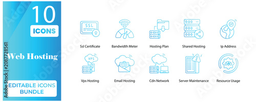Foto Web Hosting Editable Icons Bundle – Modern Line Style Server, Domain & Cloud Hos