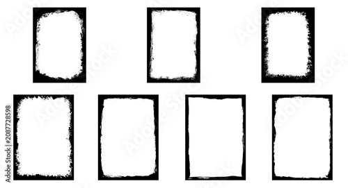 Vintage distressed border set, 7 grunge photo frames, black ink texture edges