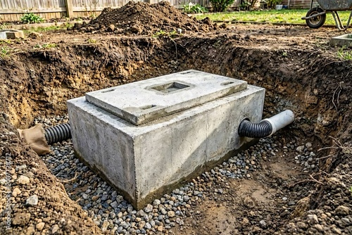 Bury a gray concrete drainage box with a lid in the ground for drainage purposes