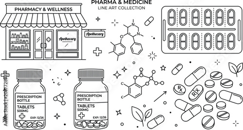 Fotografía Pharmacy and medicine line art icon set featuring shop storefront prescription b