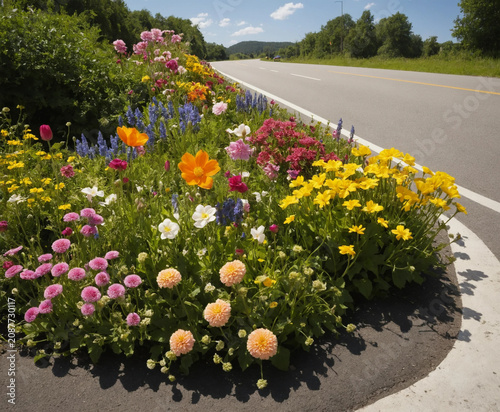 Beautiful flower gardens along the roadside.