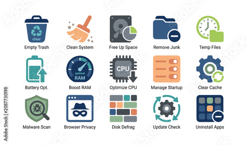 System optimization and cleaning icons arranged on white background
