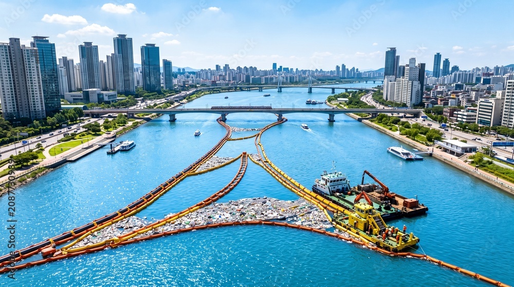 Fototapeta premium Floating trash barriers collecting plastic waste on urban river