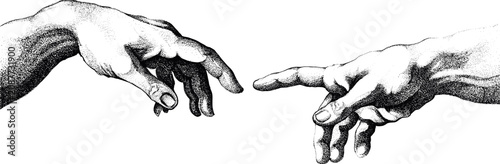 Foto Detailed stipple art drawing of two classical hands reaching to touch with divine connection on a clean white backdrop