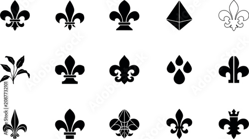 фотографія Professional set of various black lily and fleur-de-lis icons showcasing royal elegance with stark flat lighting on white