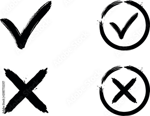 Fotografie Set of black hand-drawn brush stroke checkmarks and cross marks for decisive approval or rejection on a bright white background