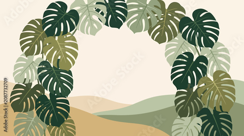Tableau sur toile Tropical Botanical Background with Monstera Leaves Arch over Hills