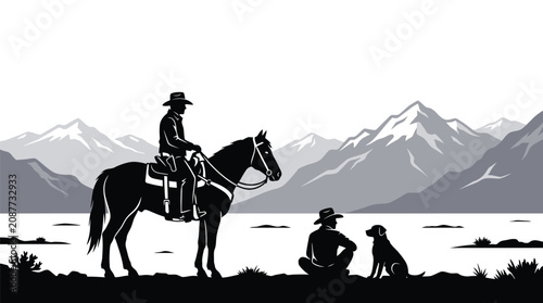 Black and white vector illustration of a cowboy on horseback with a companion and dog