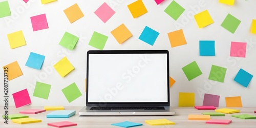 Blank laptop surrounded by multicolored sticky notes on a white desk