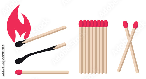 Schilderij op canvas Collection of burning, extinguished and unused matchsticks with matchboxes in a clean editable vector style