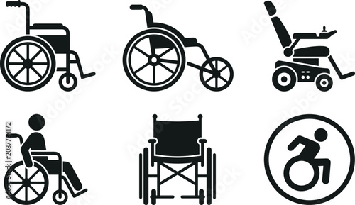 Wheelchair accessibility collection vector, disability mobility icon set, black silhouette illustration for healthcare inclusive accessibility