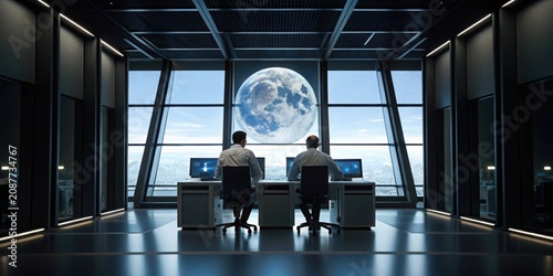 Two people working at computers in a futuristic office with Earth visible outside.