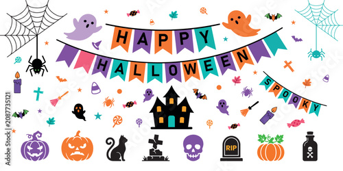 Fotografie Halloween party banner set with spooky decoration vector elements